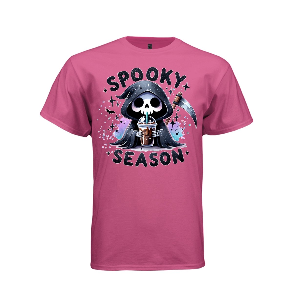 SPOOKY SEASON tee in wow pink, front, cute spooky reaper iced coffee graphic tee for her - Project Hood