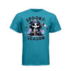 SPOOKY SEASON tee in teal, front, creepy cute reaper iced coffee graphic tee for her - Project Hood