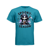 SPOOKY SEASON tee in teal, front, creepy cute reaper iced coffee graphic tee for her - Project Hood