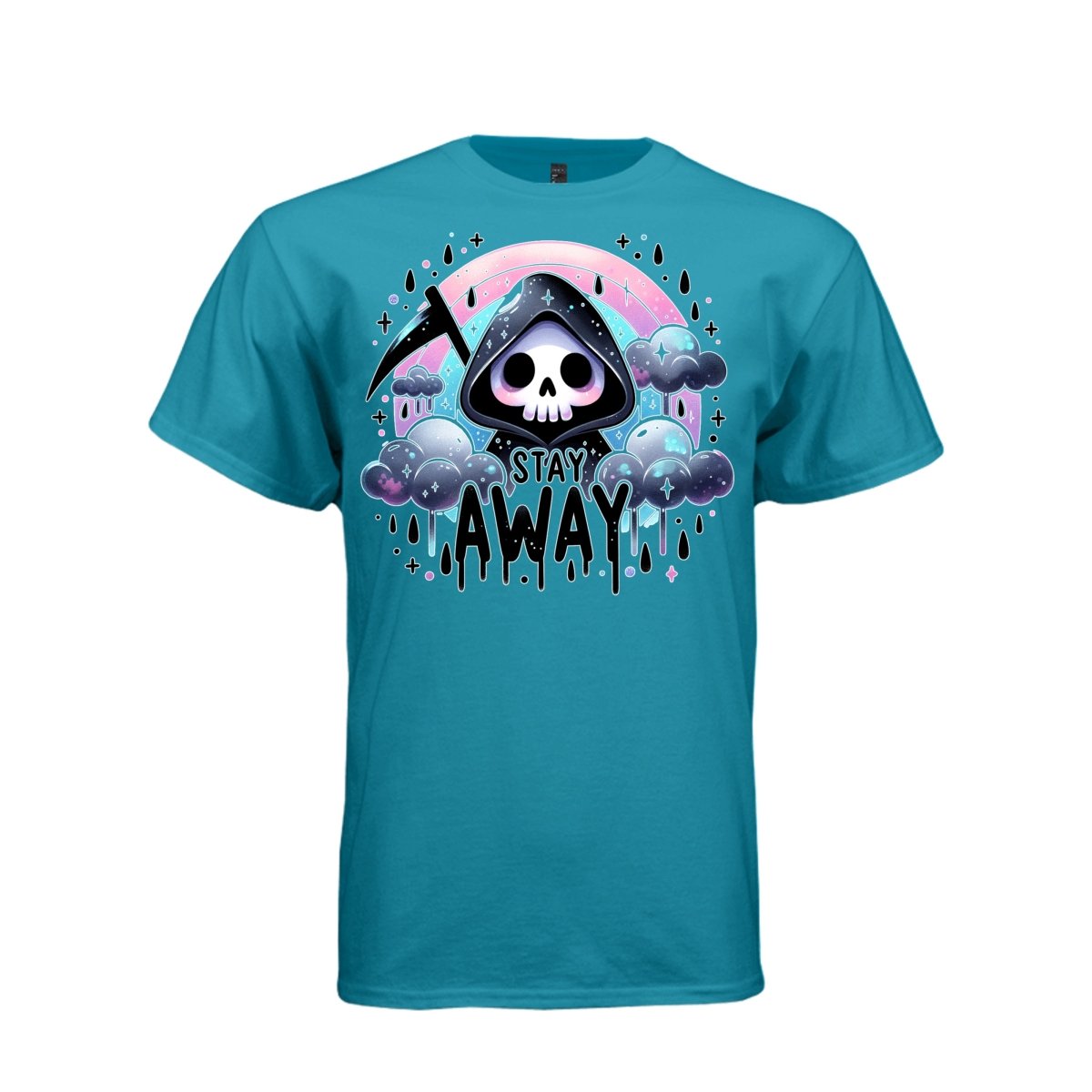 STAY AWAY tee in teal, front, creepy cute reaper rain cloud graphic tee for her - Project Hood