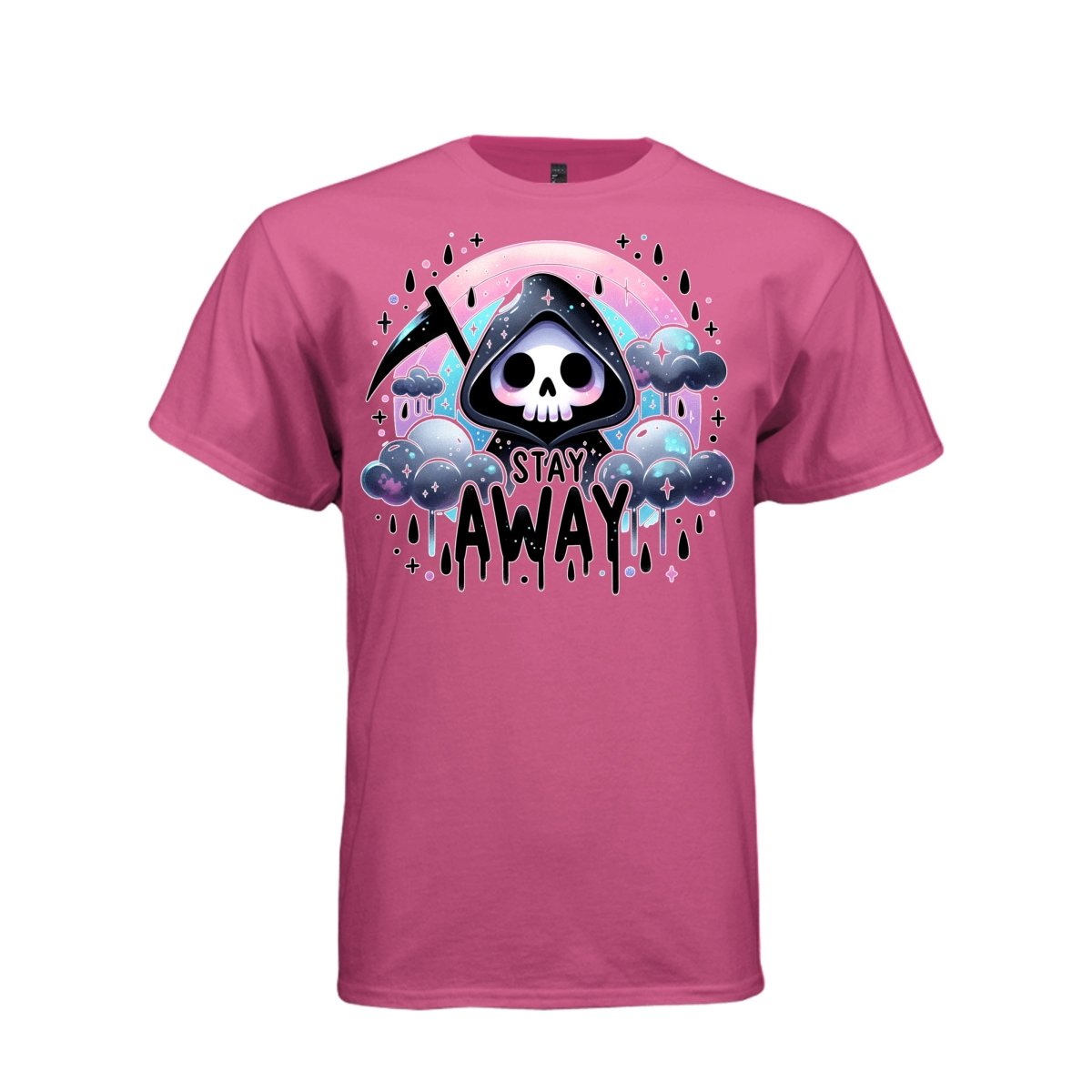 STAY AWAY tee in wow pink, front, cute spooky reaper rain cloud graphic tee for her - Project Hood