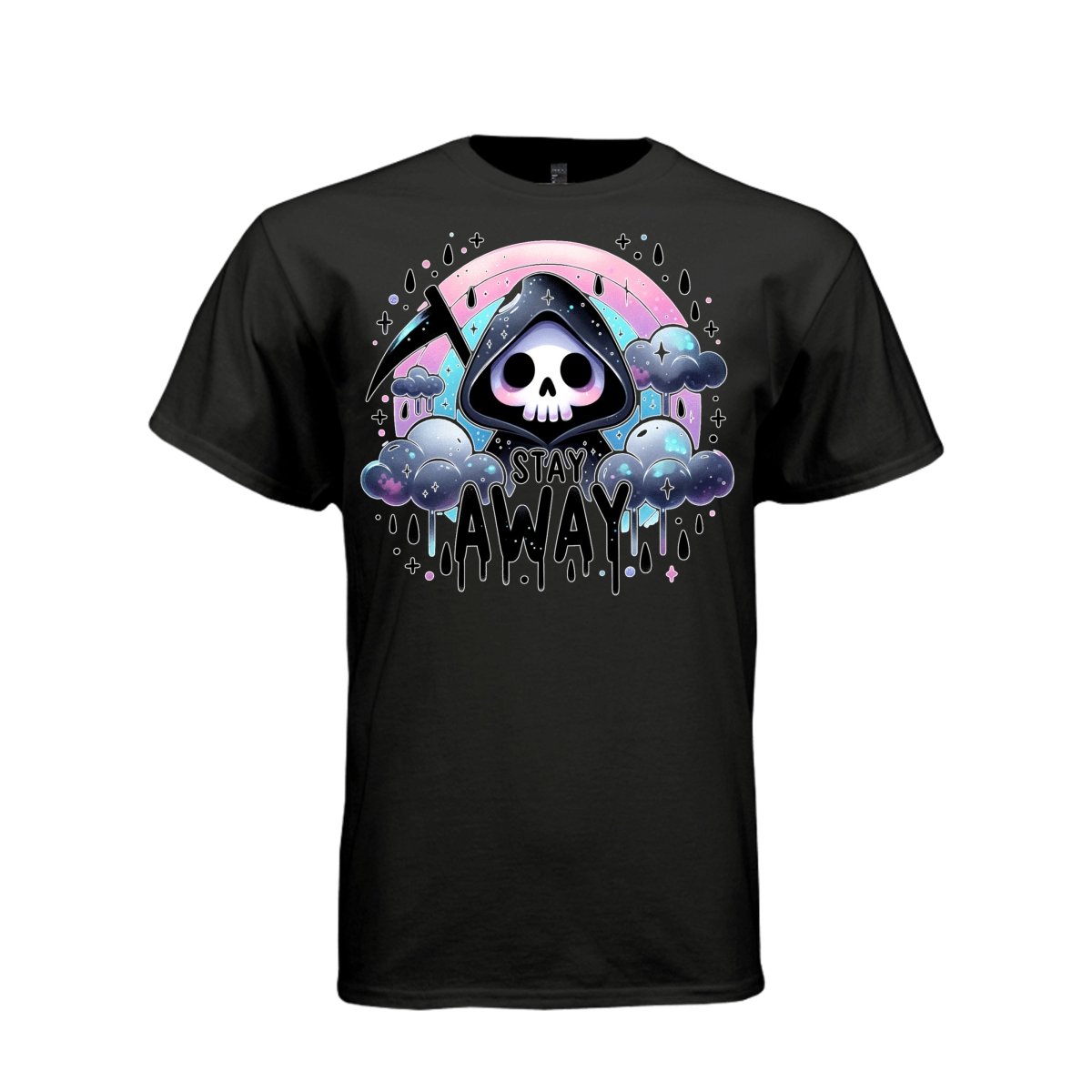 STAY AWAY tee in black, front, cute reaper rain cloud graphic tee for her, soft cotton - Project Hood