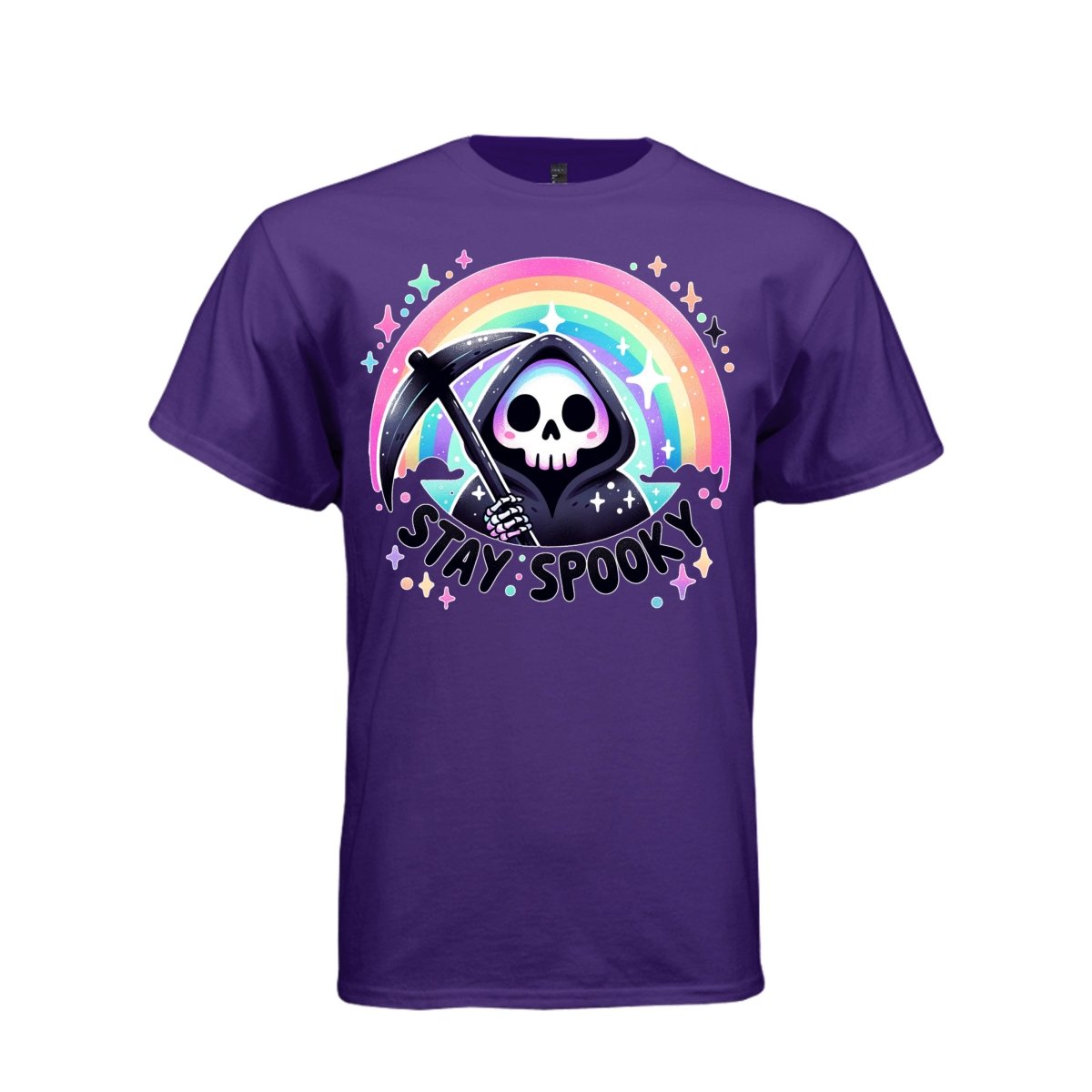 STAY SPOOKY tee in purple, front, kawaii goth reaper pastel rainbow graphic tee for women - Project Hood