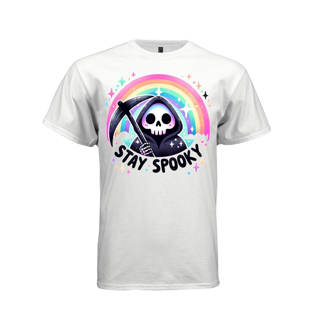 STAY SPOOKY tee in white, front, pastel goth reaper pastel rainbow graphic shirt for women - Project Hood
