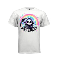STAY SPOOKY tee in white, front, pastel goth reaper pastel rainbow graphic shirt for women - Project Hood