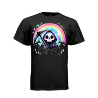 STAY SPOOKY tee in black, front, cute reaper pastel rainbow graphic tee for her - Project Hood
