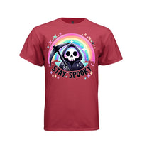 STAY SPOOKY tee in athletic red, front, cute pastel goth reaper pastel rainbow graphic tee for women - Project Hood