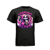 STAYING ALIVE tee in black, front, cute reaper coffee graphic tee for her, soft cotton - Project Hood