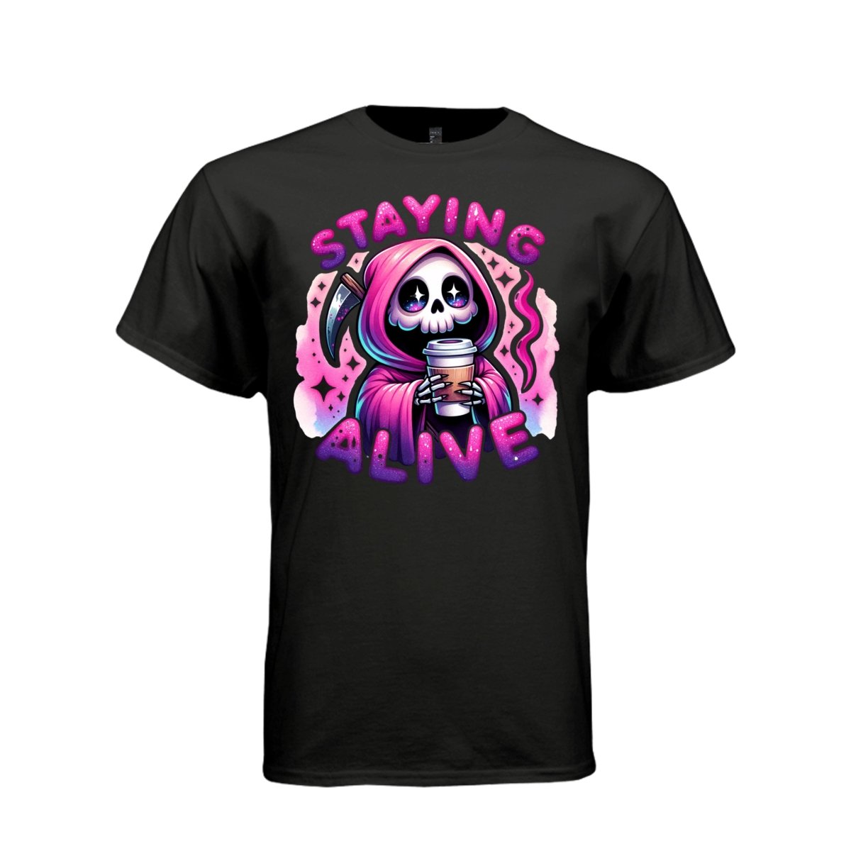 STAYING ALIVE tee in black, front, cute reaper coffee graphic tee for her, soft cotton - Project Hood