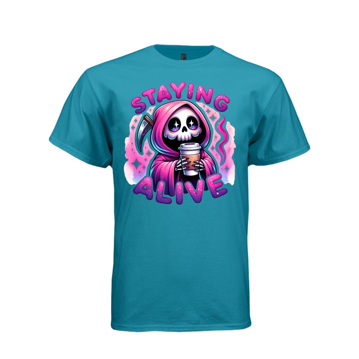 STAYING ALIVE tee in teal, front, creepy cute reaper coffee graphic tee for her - Project Hood