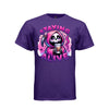 STAYING ALIVE tee in purple, front, kawaii goth reaper coffee graphic tee for women - Project Hood
