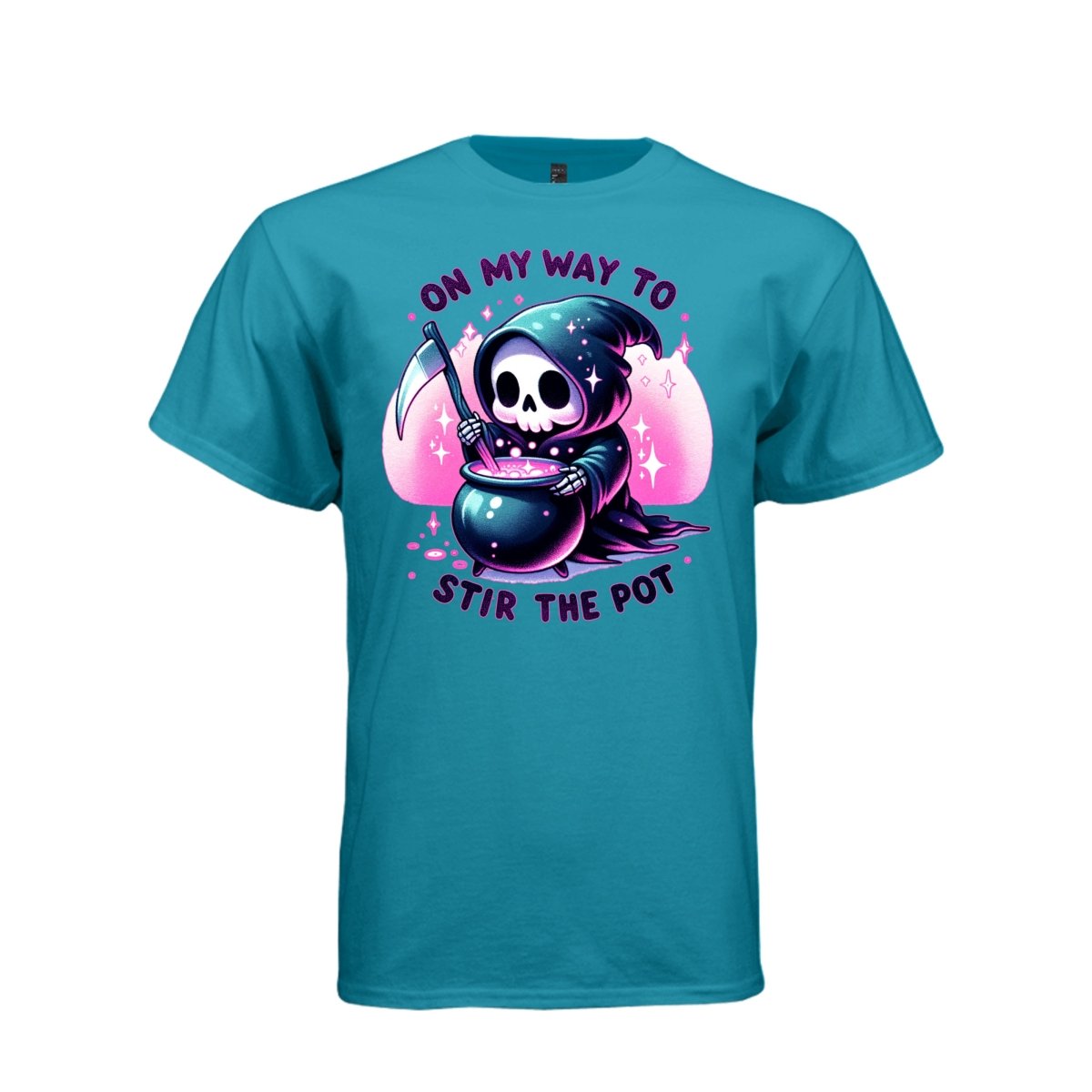 ON MY WAY TO STIR THE POT tee in teal, front, creepy cute reaper cauldron graphic tee for her - Project Hood
