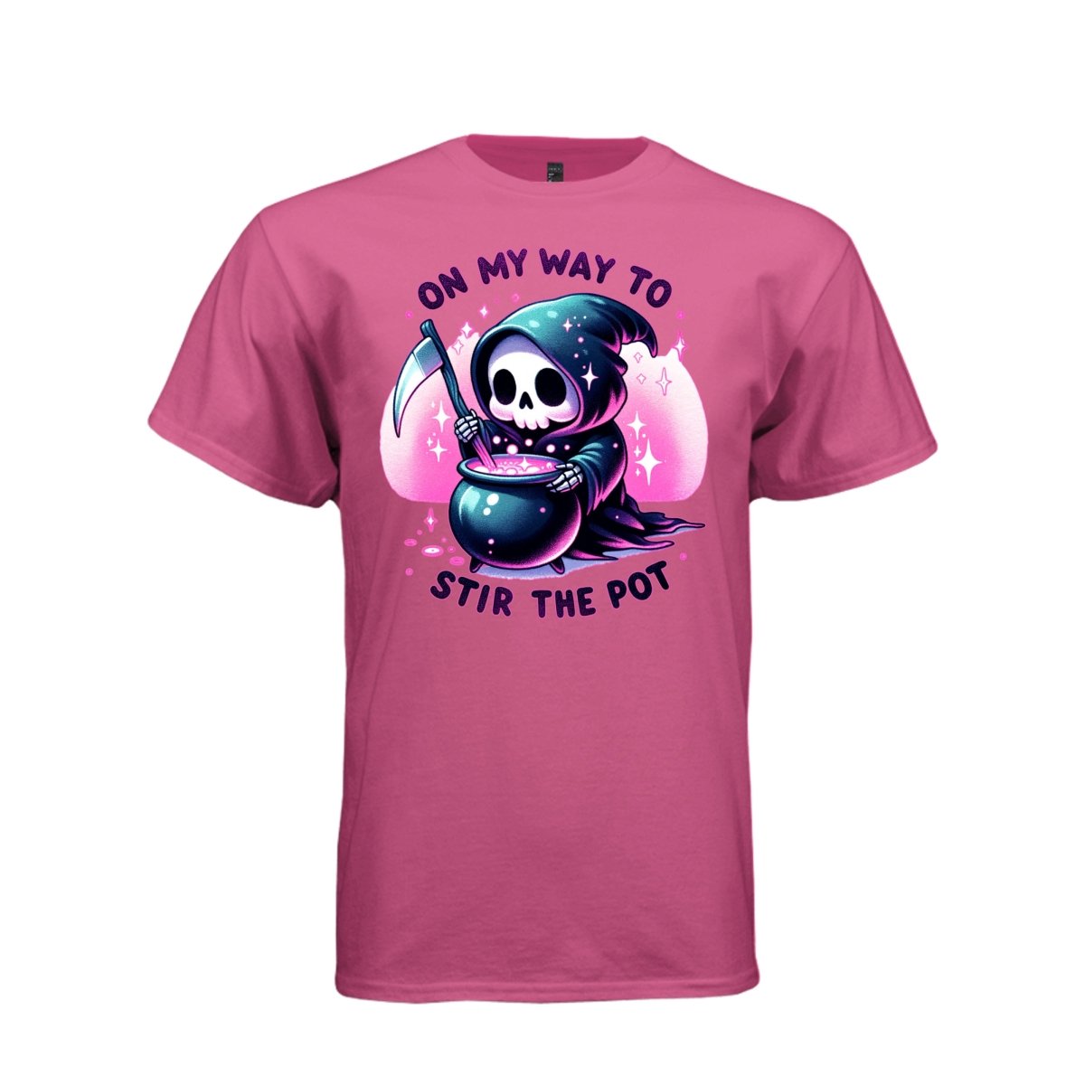 ON MY WAY TO STIR THE POT tee in wow pink, front, cute spooky reaper cauldron graphic tee for her - Project Hood