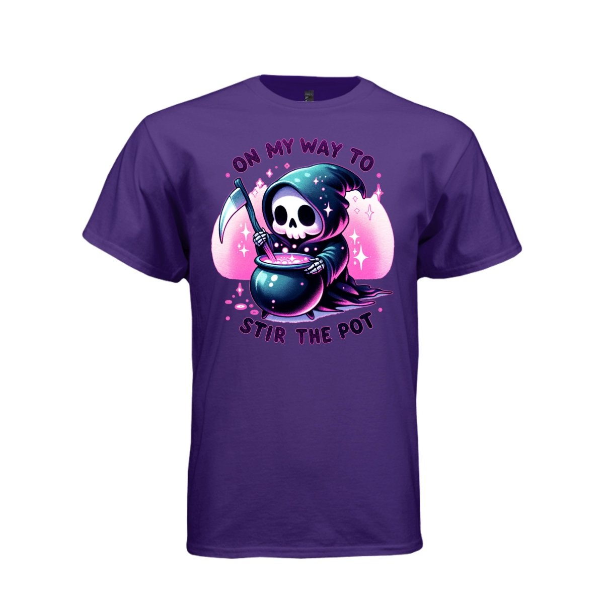 ON MY WAY TO STIR THE POT tee in purple, front, kawaii goth reaper cauldron graphic tee for women - Project Hood