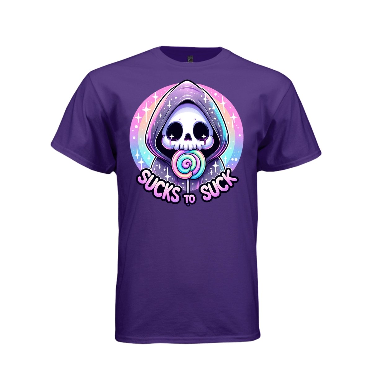 SUCKS TO SUCK tee in purple, front, kawaii goth reaper purple lollipop graphic tee for women - Project Hood