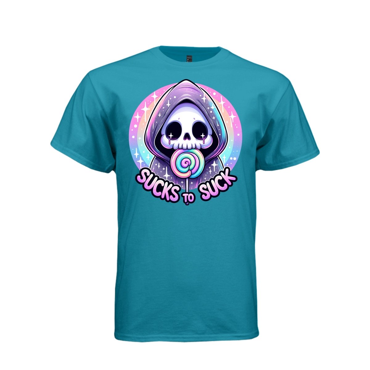 SUCKS TO SUCK tee in teal, front, creepy cute reaper purple lollipop graphic tee for her - Project Hood