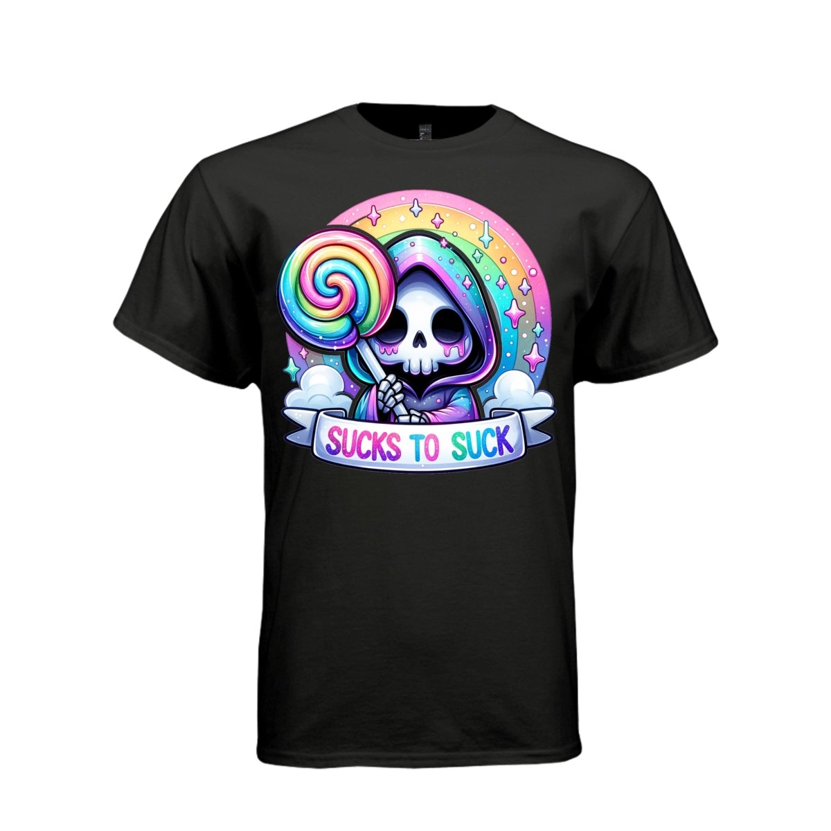 SUCKS TO SUCK tee in black, front, cute reaper rainbow lollipop graphic tee for her - Project Hood