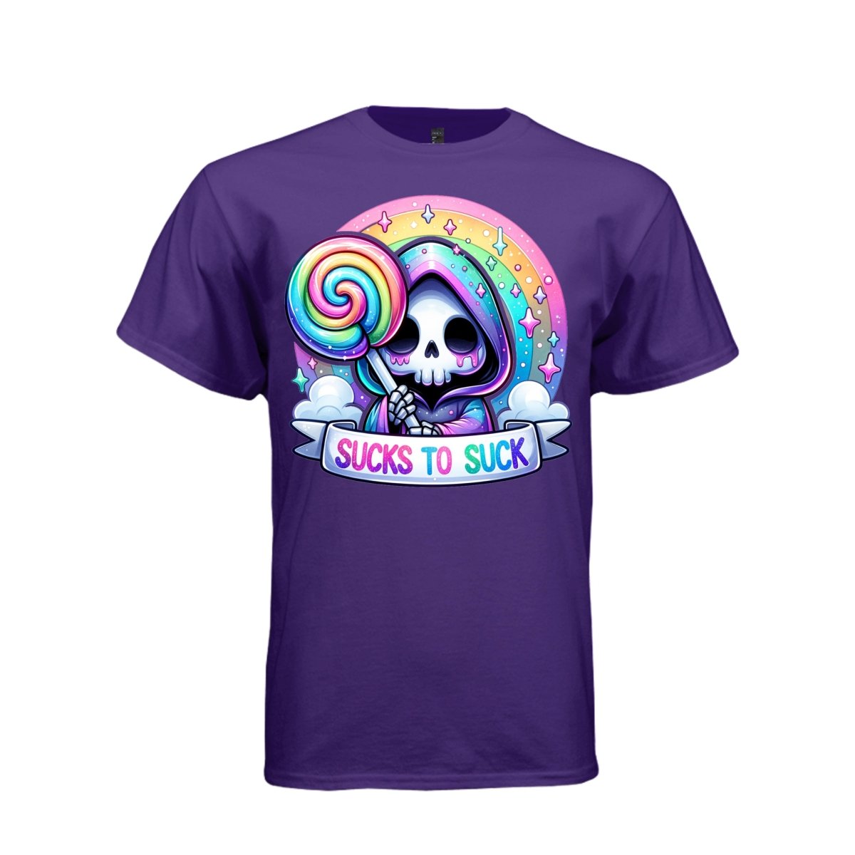 SUCKS TO SUCK tee in purple, front, kawaii goth reaper rainbow lollipop graphic tee for women - Project Hood