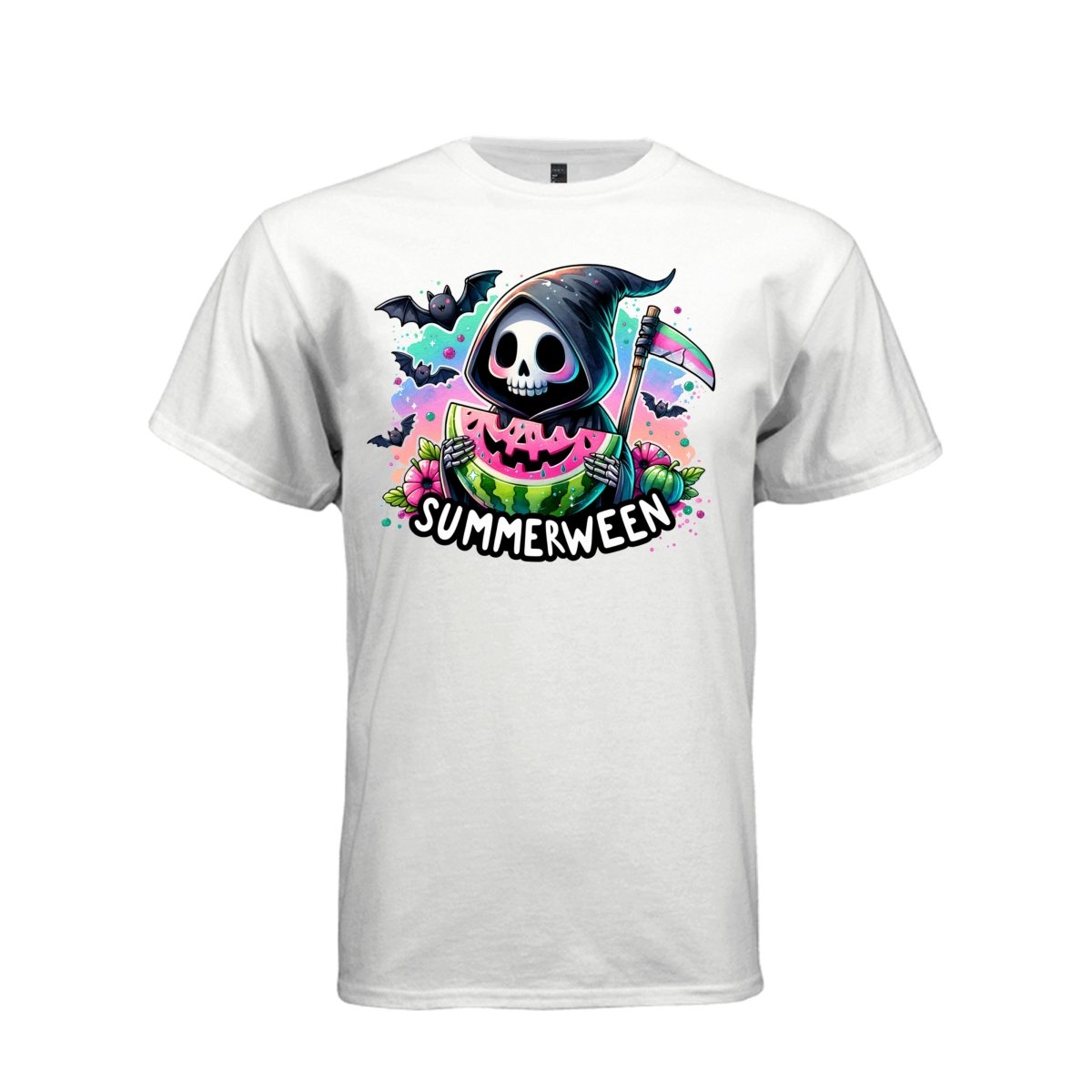 SUMMERWEEN tee in white, front, pastel goth reaper watermelon jack-o-lantern graphic shirt for women - Project Hood