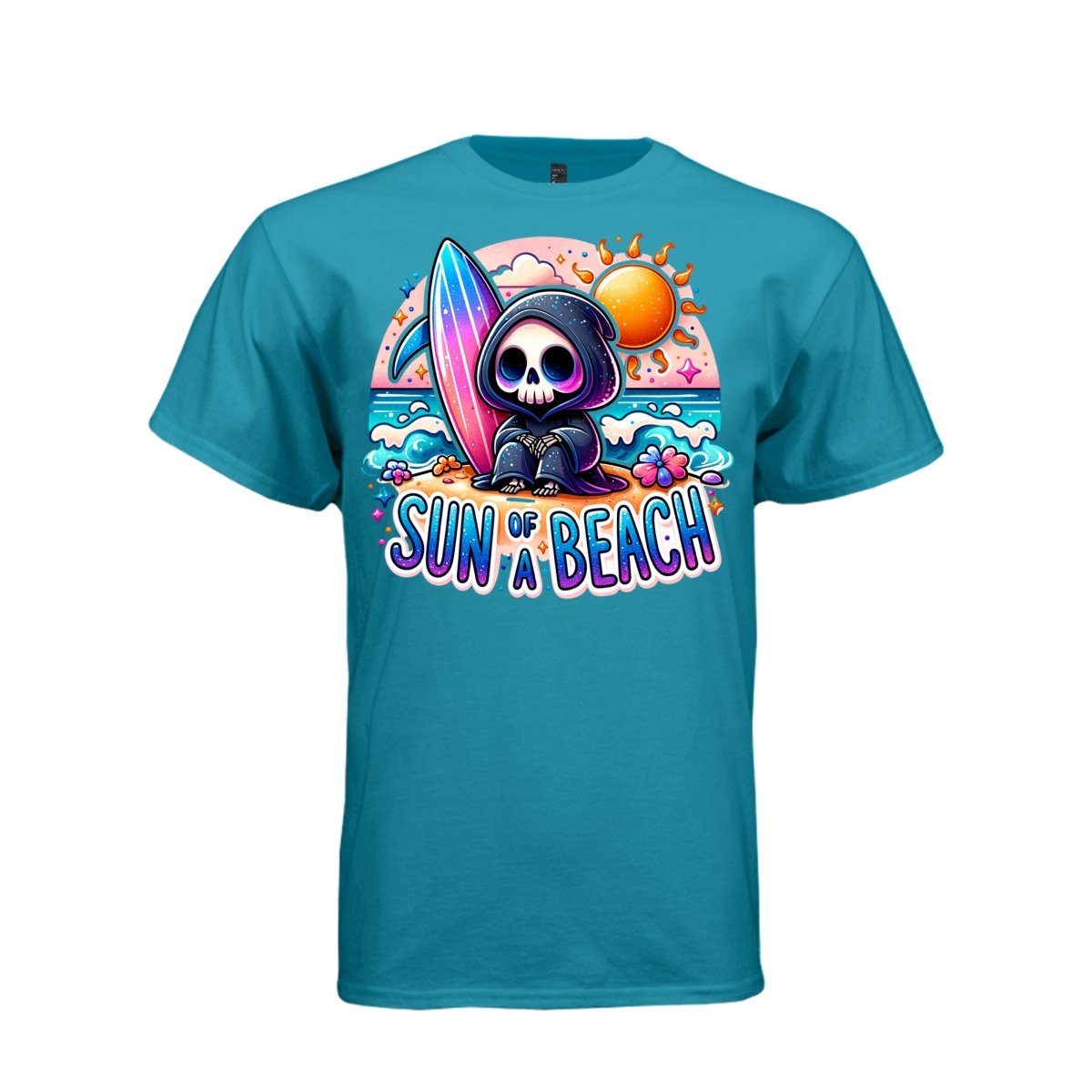 SUN OF A BEACH tee in teal, front, creepy cute reaper surfboard beach graphic tee for her - Project Hood