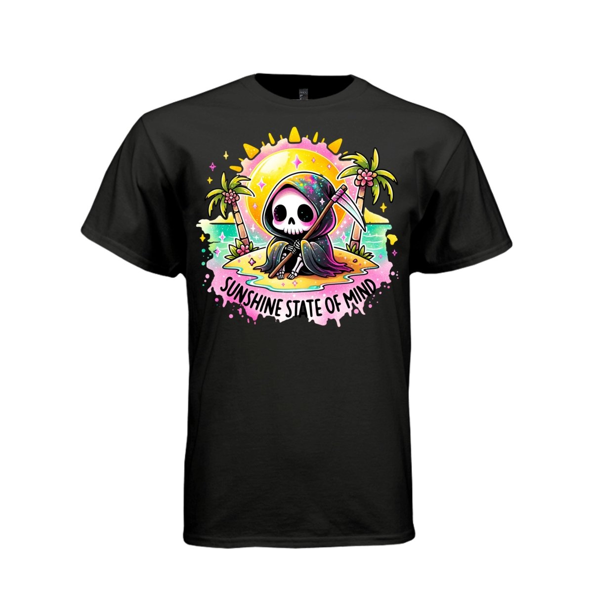 SUNSHINE STATE OF MIND tee in black, front, cute reaper tropical island graphic tee for her - Project Hood
