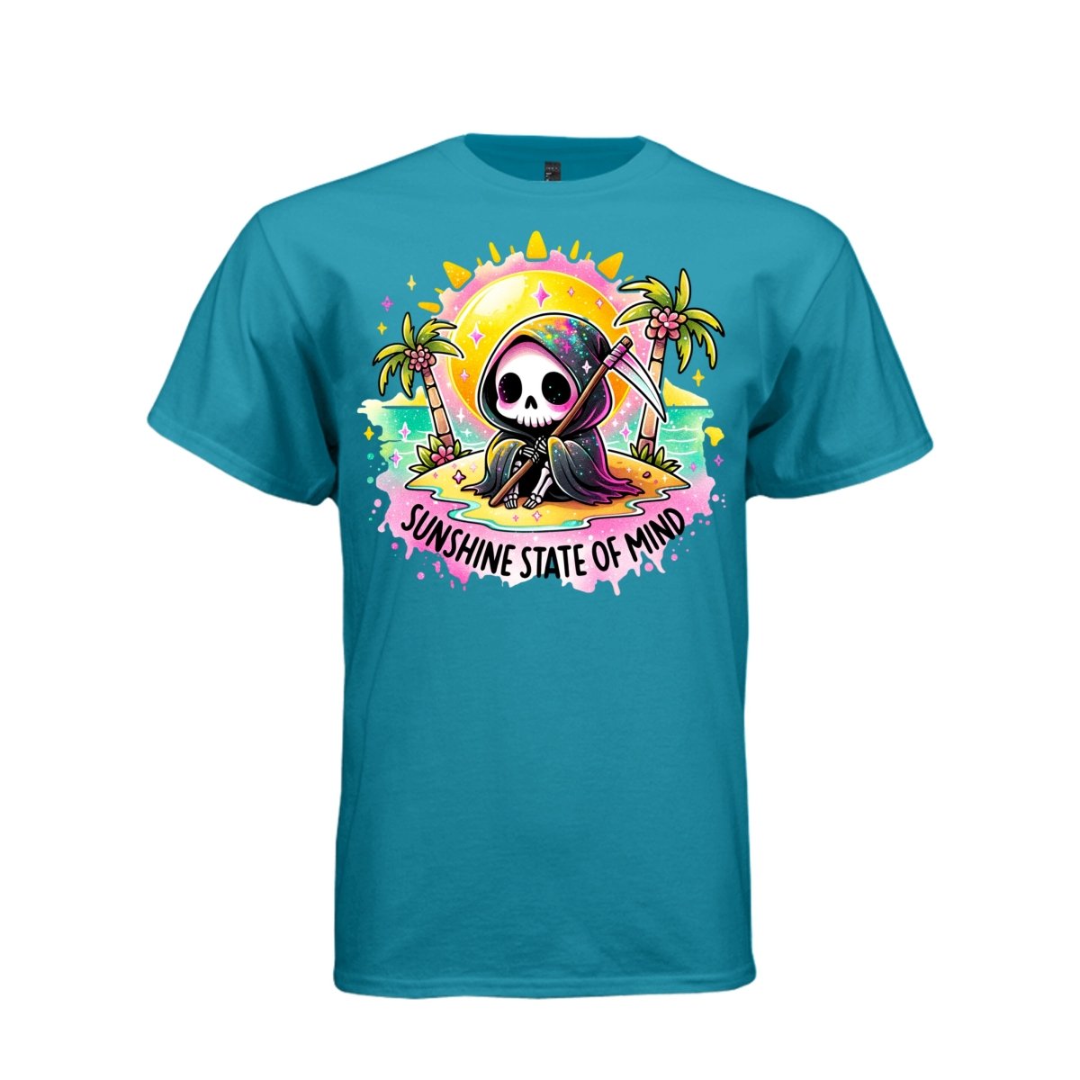 SUNSHINE STATE OF MIND tee in teal, front, creepy cute reaper tropical island graphic tee for her - Project Hood