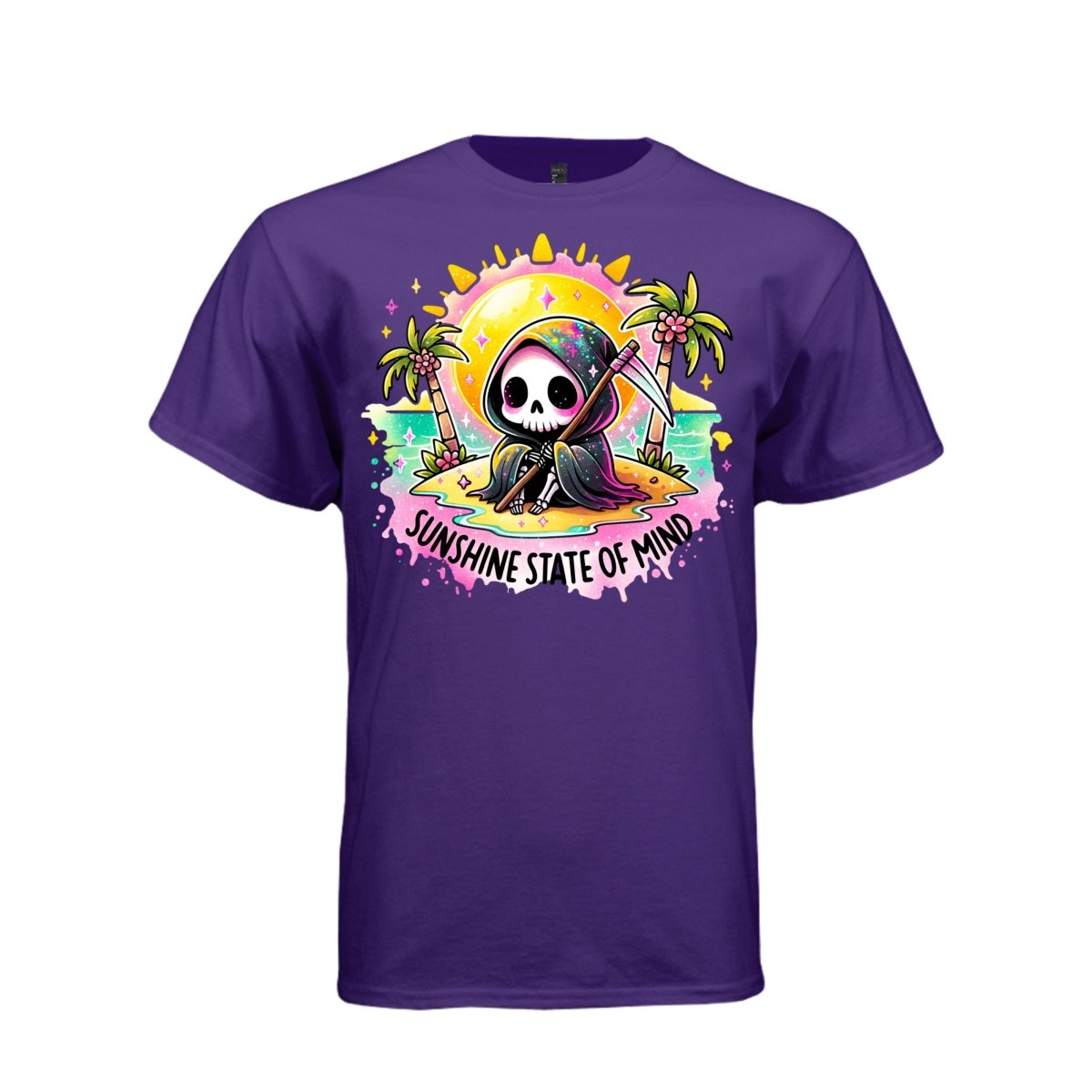SUNSHINE STATE OF MIND tee in purple, front, kawaii goth reaper tropical island graphic tee for women - Project Hood