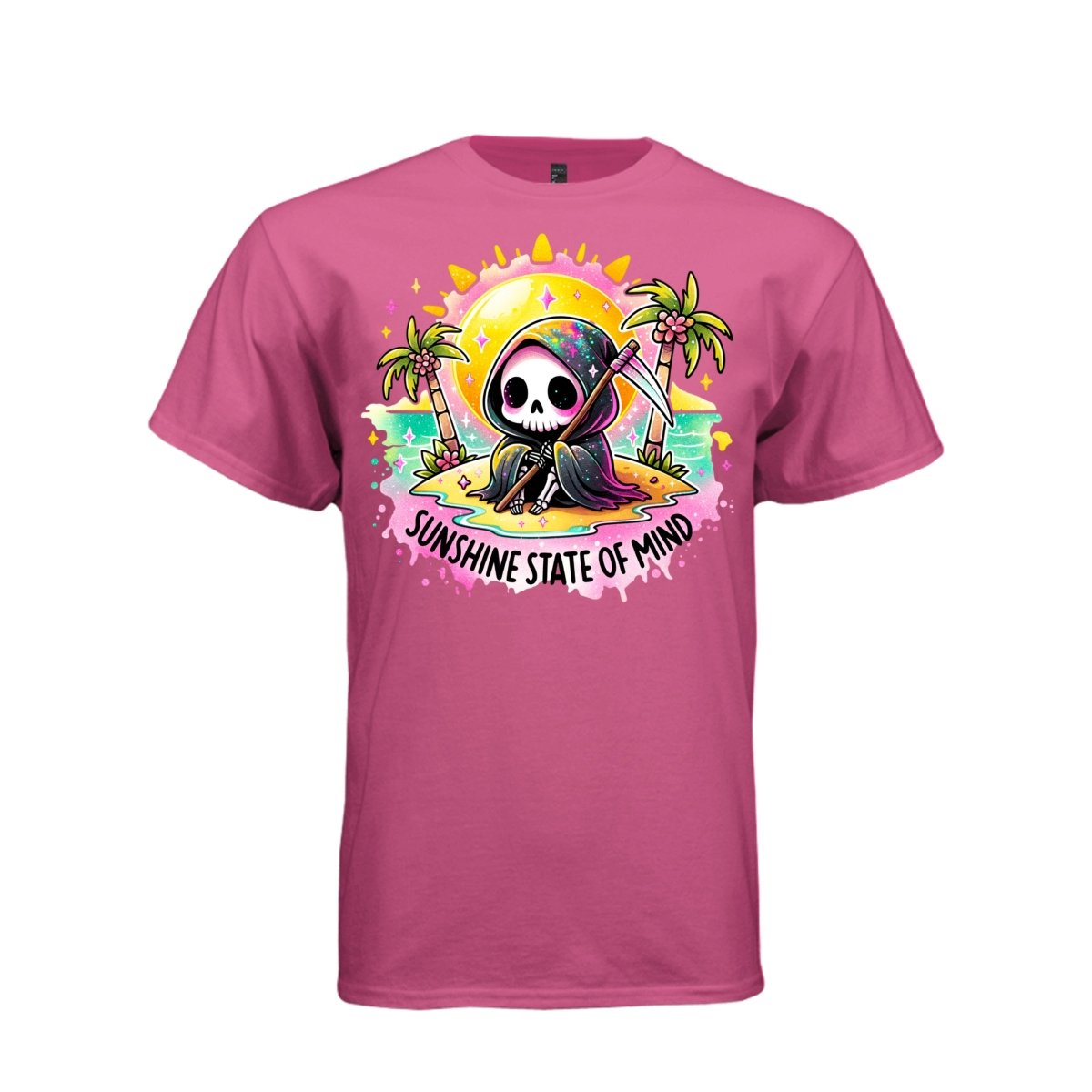 SUNSHINE STATE OF MIND tee in wow pink, front, cute spooky reaper tropical island graphic tee for her - Project Hood