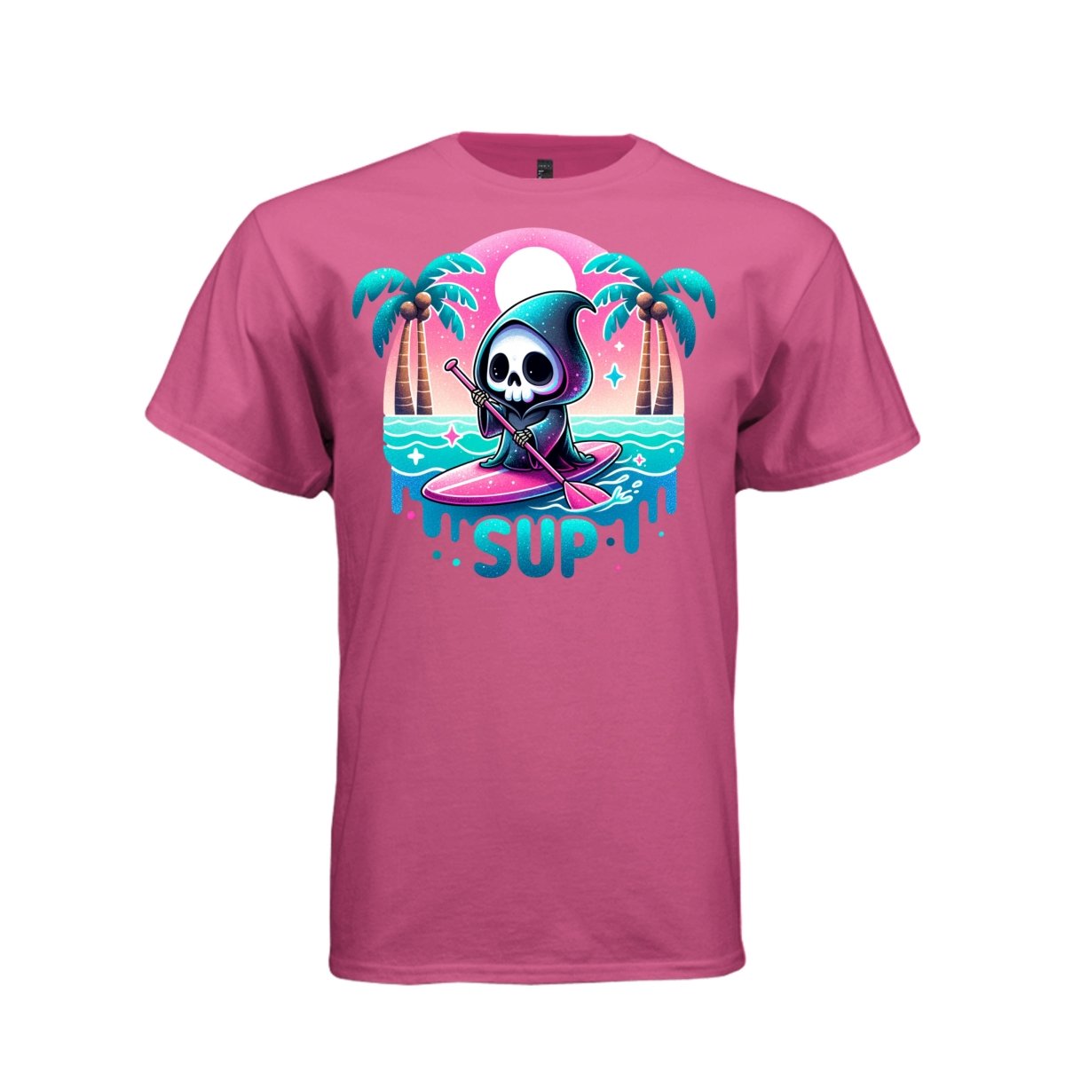 SUP tee in wow pink, front, cute spooky reaper paddle board graphic tee for her - Project Hood