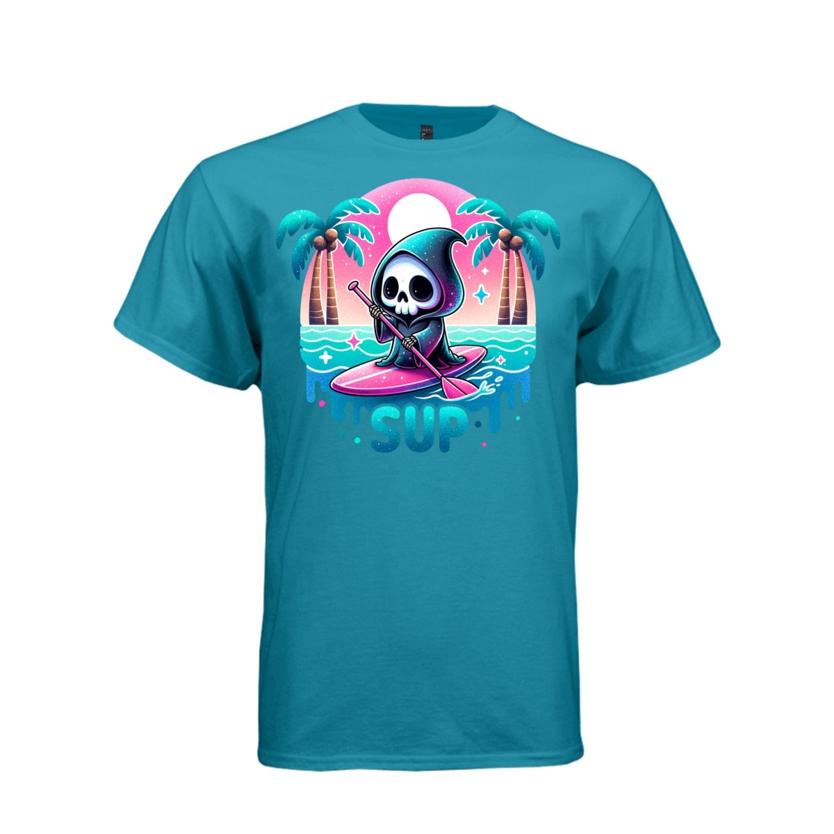 SUP tee in teal, front, creepy cute reaper paddle board graphic tee for her - Project Hood