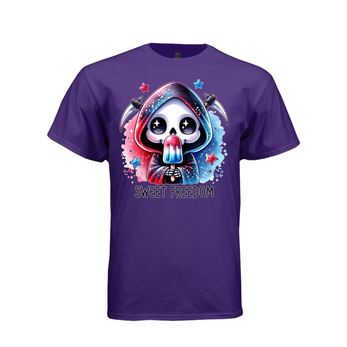 SWEET FREEDOM tee in purple, front, kawaii goth reaper rocket popsicle graphic tee for women - Project Hood
