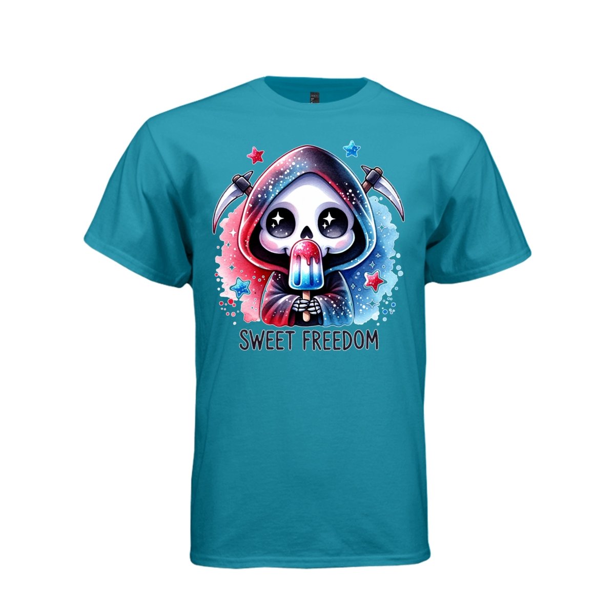 SWEET FREEDOM tee in teal, front, creepy cute reaper rocket popsicle graphic tee for her - Project Hood
