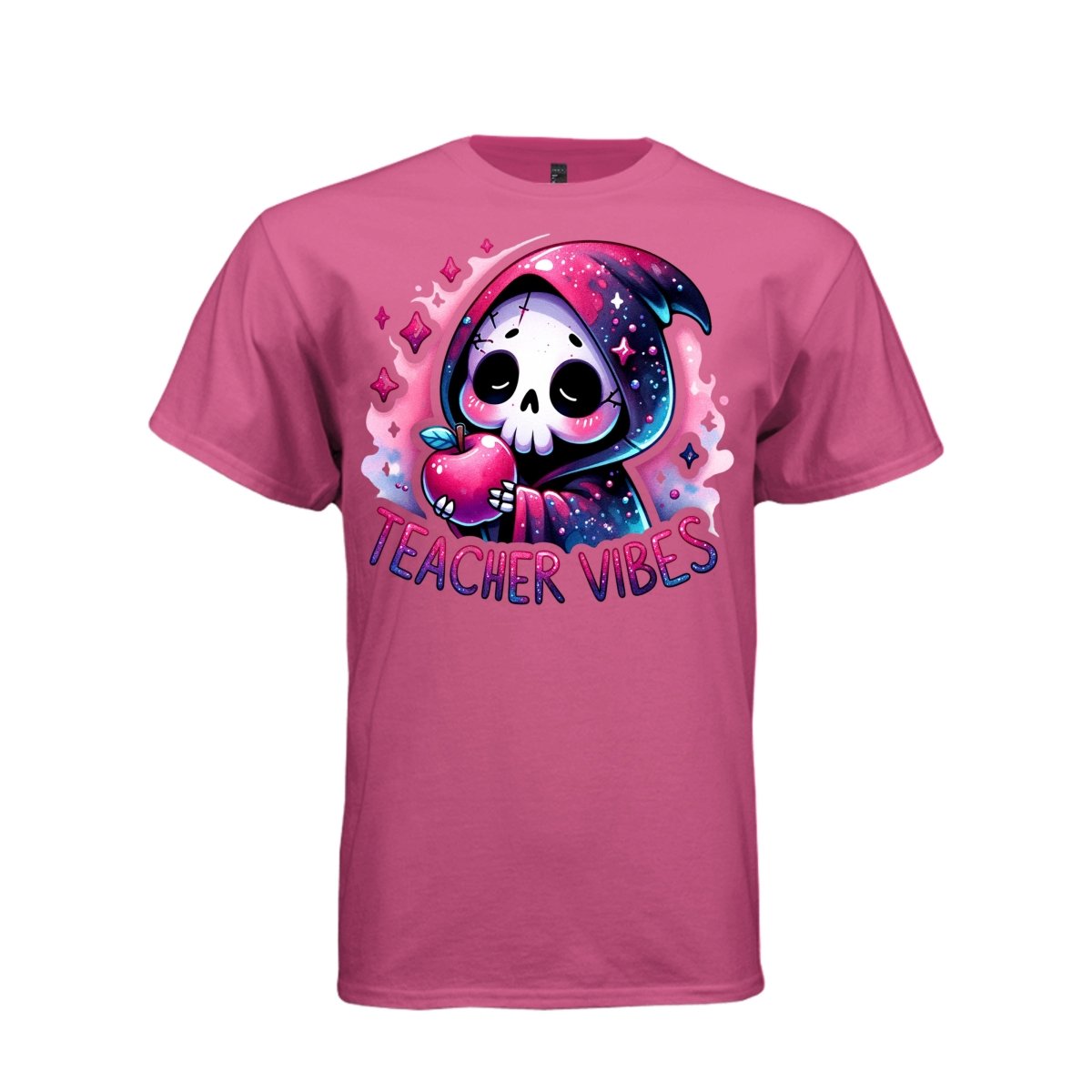 TEACHER VIBES tee in wow pink, front, cute spooky reaper pink apple graphic tee for her - Project Hood