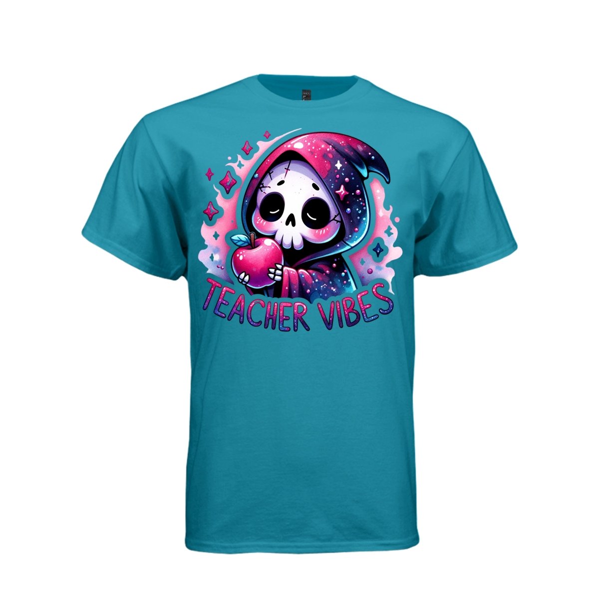 TEACHER VIBES tee in teal, front, creepy cute reaper pink apple graphic tee for her - Project Hood