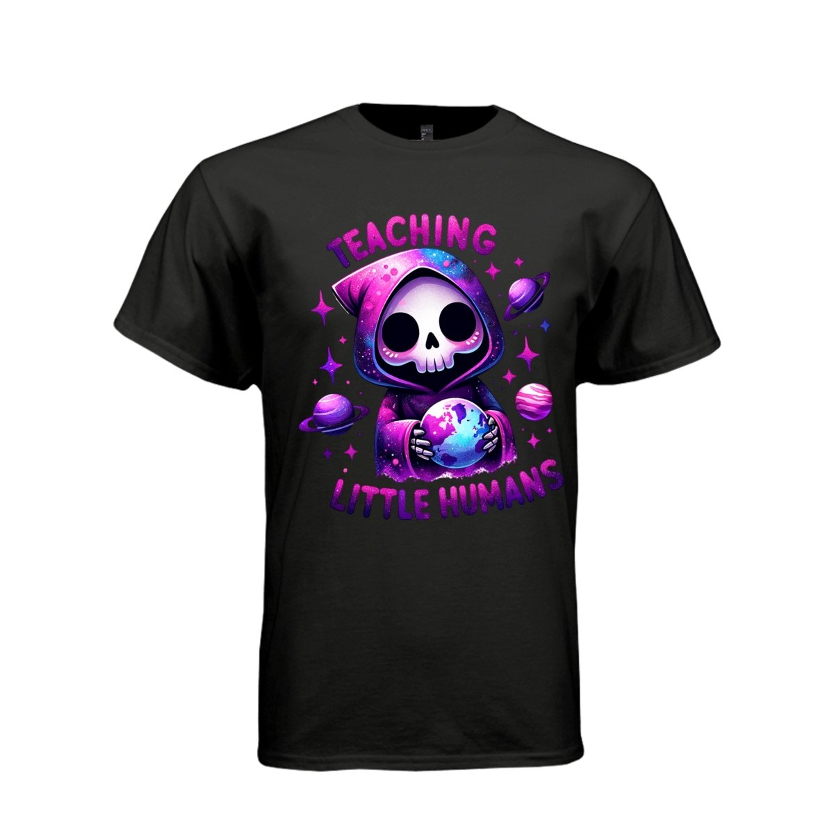 TEACHING LITTLE HUMANS tee in black, front, cute reaper galaxy planets graphic tee for her - Project Hood