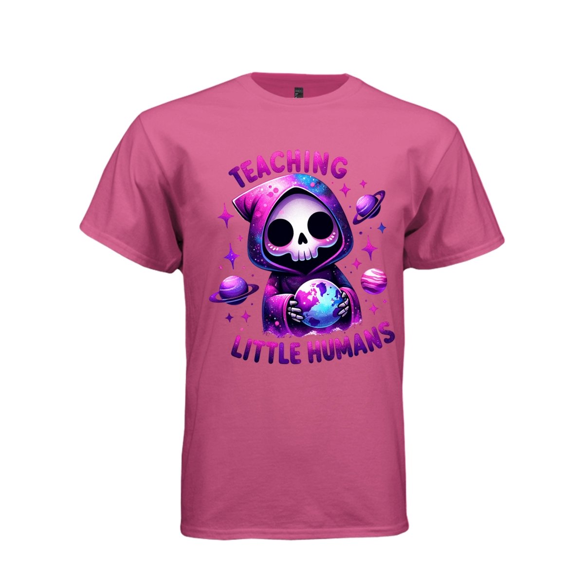 TEACHING LITTLE HUMANS tee in wow pink, front, cute spooky reaper galaxy planets graphic tee for her - Project Hood