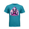 TEACHING LITTLE ONES tee in teal, front, creepy cute reaper teacher and apple graphic tee for her - Project Hood