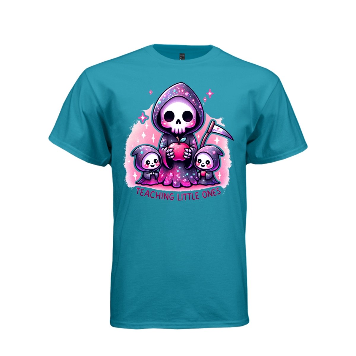TEACHING LITTLE ONES tee in teal, front, creepy cute reaper teacher and apple graphic tee for her - Project Hood
