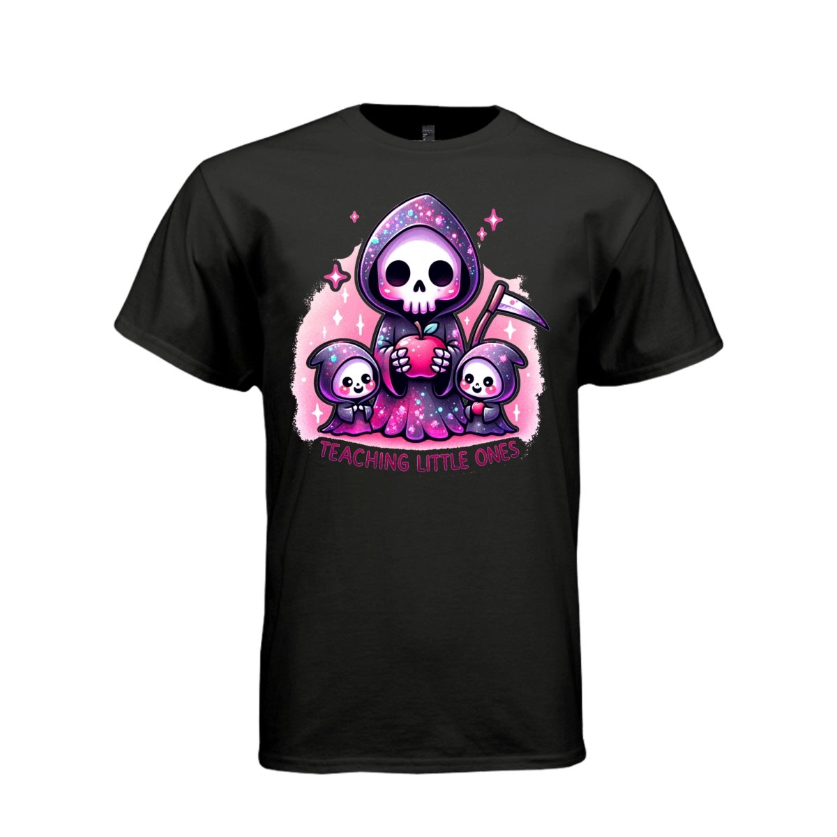 TEACHING LITTLE ONES tee in black, front, cute reaper teacher and apple graphic tee for her - Project Hood
