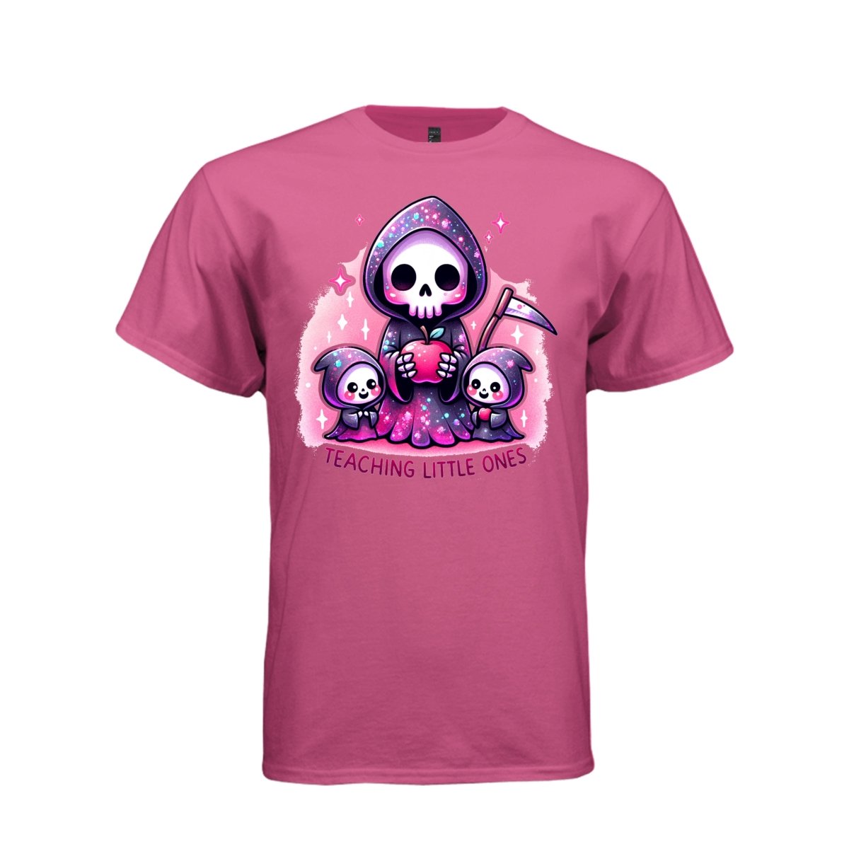 TEACHING LITTLE ONES tee in wow pink, front, cute spooky reaper teacher and apple graphic tee for her - Project Hood