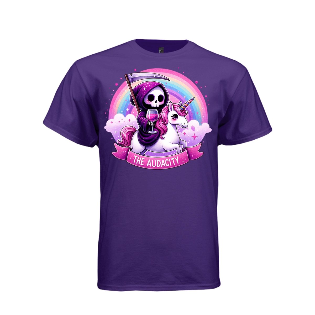 THE AUDACITY tee in purple, front, kawaii goth reaper unicorn and wine graphic tee for women - Project Hood
