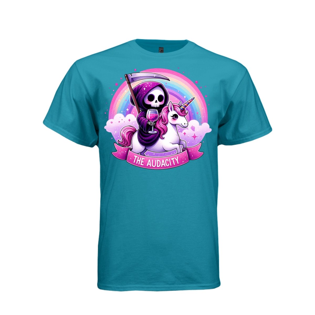 THE AUDACITY tee in teal, front, creepy cute reaper unicorn and wine graphic tee for her - Project Hood