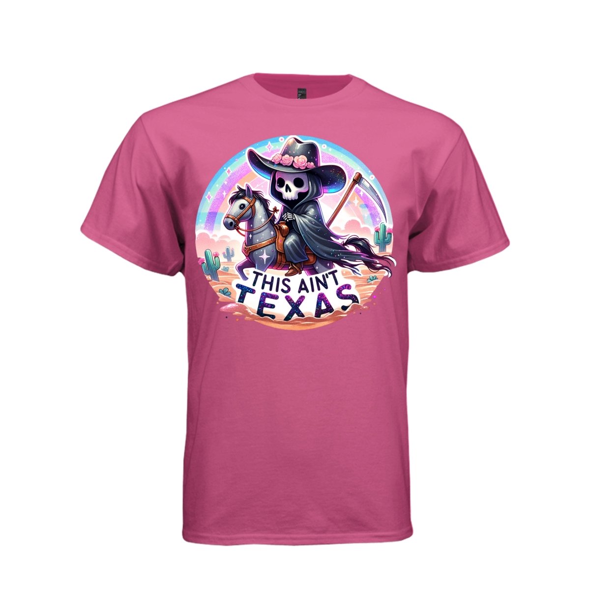 THIS AIN'T TEXAS tee in wow pink, front, cute spooky reaper cowgirl horse graphic tee for her - Project Hood