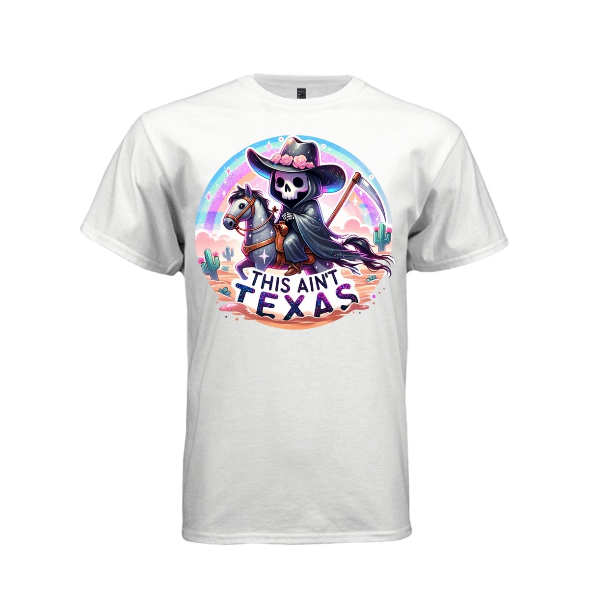 THIS AIN'T TEXAS tee in white, front, pastel goth reaper cowgirl horse graphic shirt for women - Project Hood