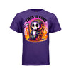 THIS IS FINE tee in purple, front, kawaii goth reaper coffee and flames graphic tee for women - Project Hood