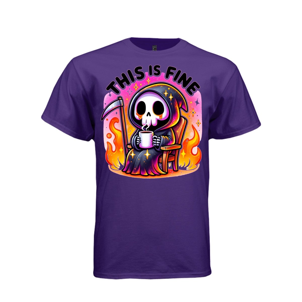 THIS IS FINE tee in purple, front, kawaii goth reaper coffee and flames graphic tee for women - Project Hood