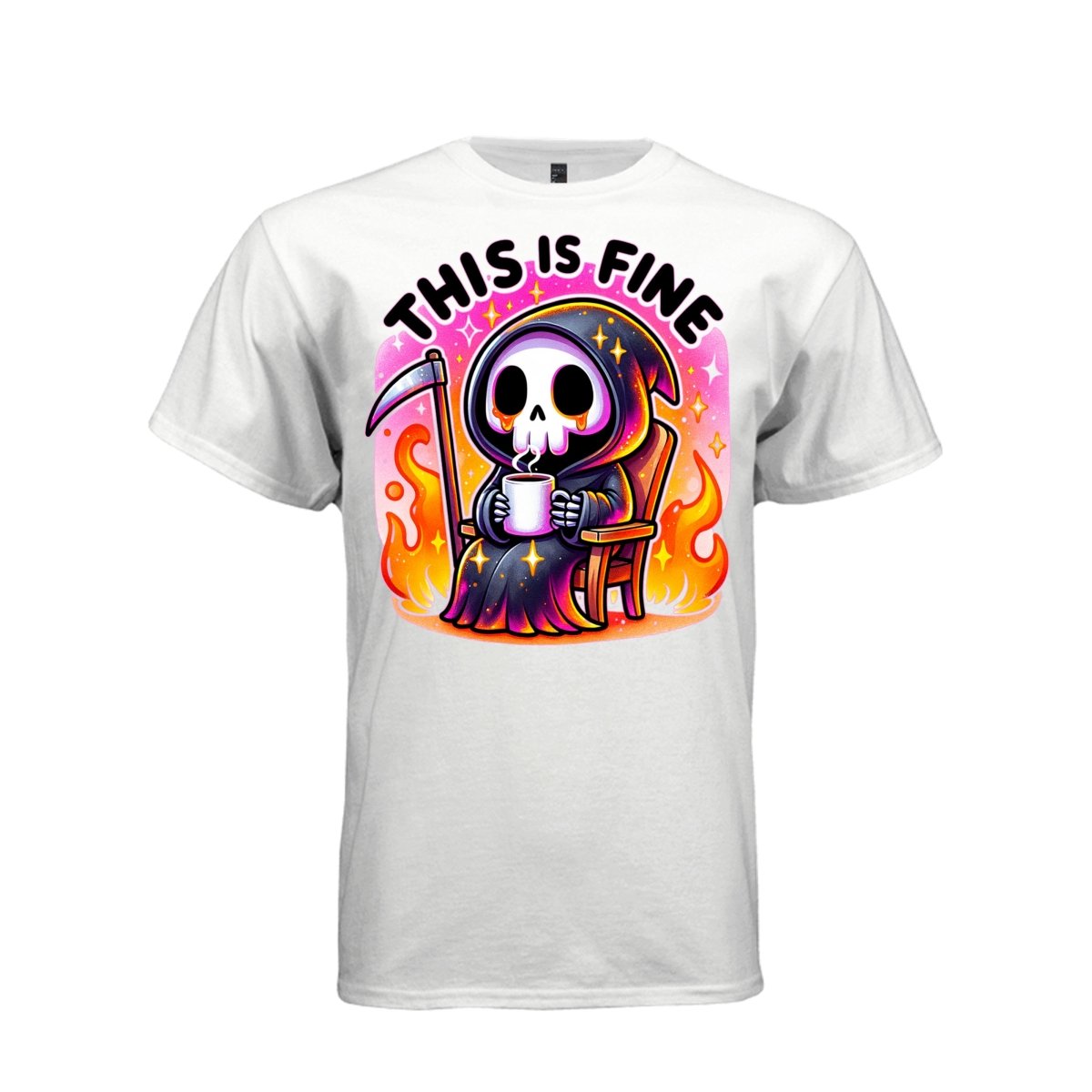 THIS IS FINE tee in white, front, pastel goth reaper coffee and flames graphic shirt for women - Project Hood