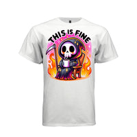 THIS IS FINE tee in white, front, pastel goth reaper coffee and flames graphic shirt for women - Project Hood
