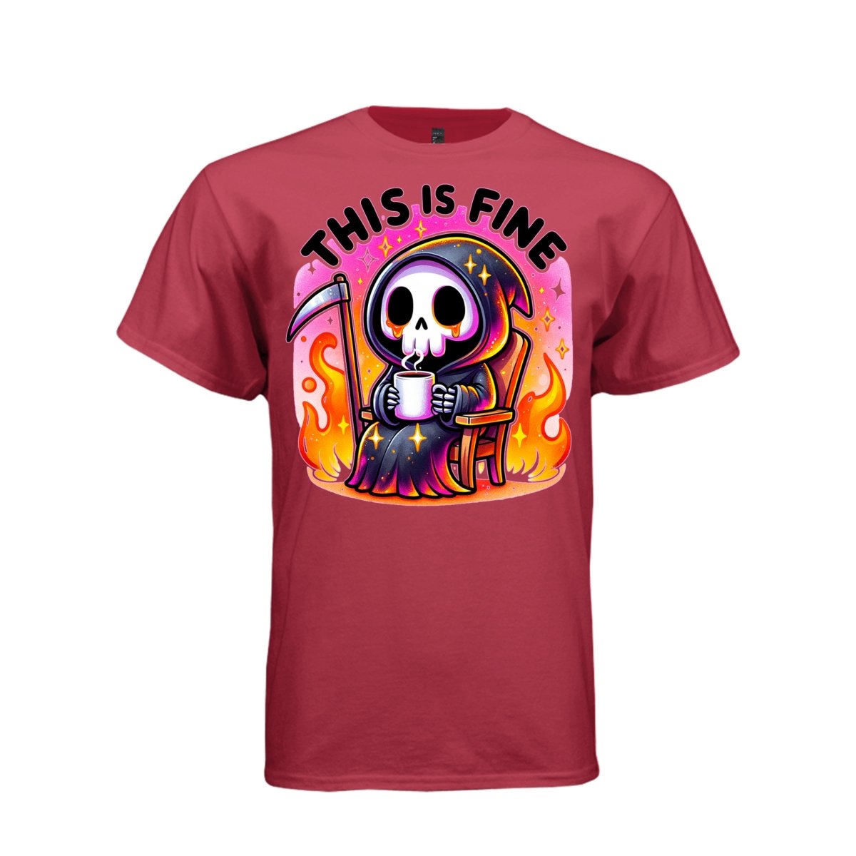 THIS IS FINE tee in athletic red, front, cute pastel goth reaper coffee and flames graphic tee for women - Project Hood