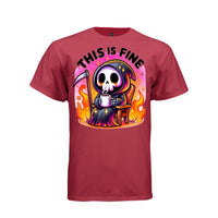 THIS IS FINE tee in athletic red, front, cute pastel goth reaper coffee and flames graphic tee for women - Project Hood